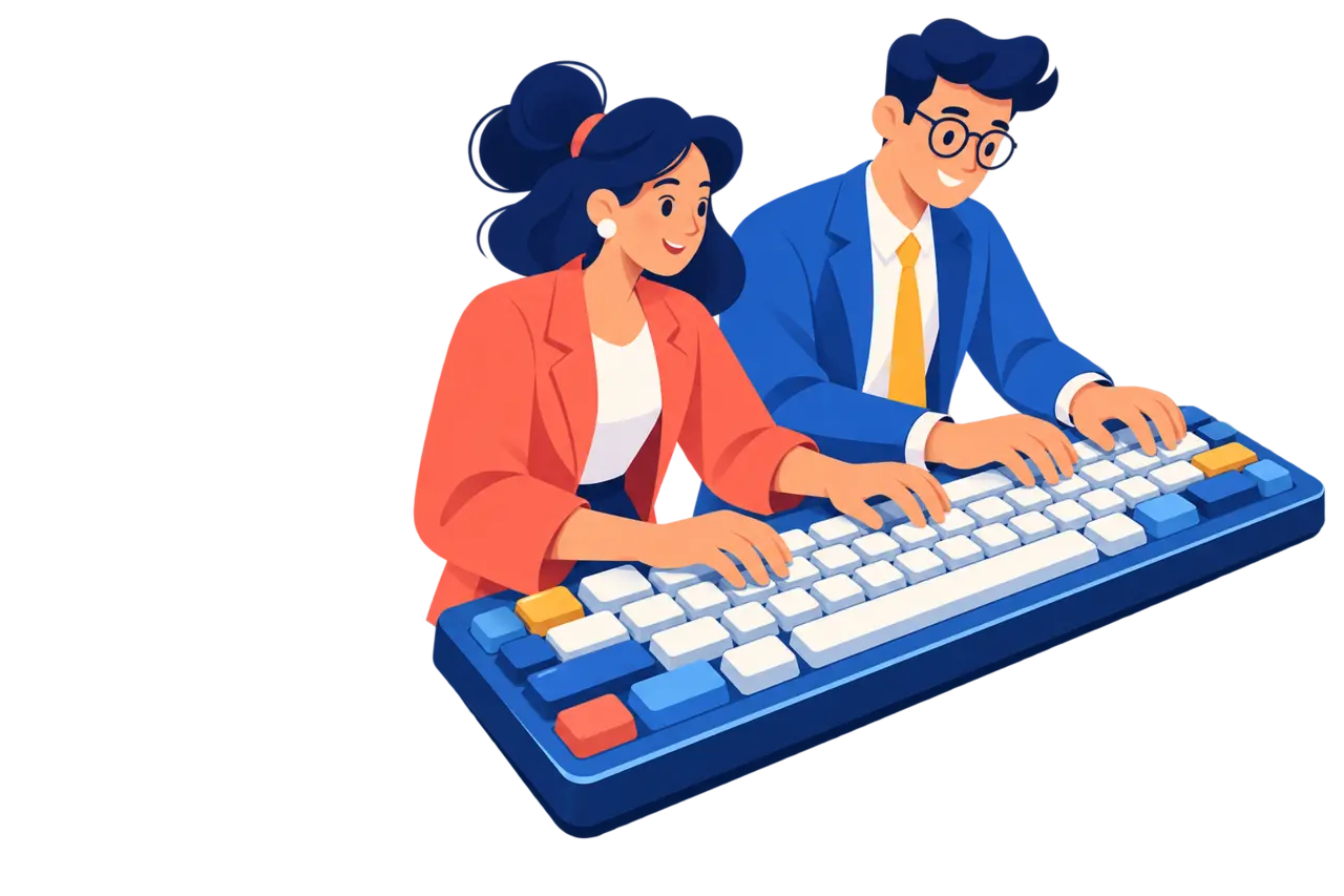 Two illustrated office professionals typing together